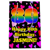 Sac Cadeau Moyen 80e anniversaire : Amour Hearts Motif, Arc en ciel (Devant)