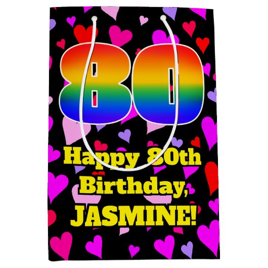 Sac Cadeau Moyen 80e anniversaire : Amour Hearts Motif, Arc en ciel (Devant)