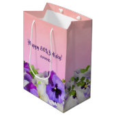Sac Cadeau Moyen 80e anniversaire fleurons violets rose nom monogra (Devant Angle)
