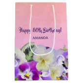 Sac Cadeau Moyen 80e anniversaire fleurons violets rose nom monogra (Dos)