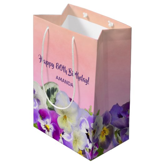 Sac Cadeau Moyen 80e anniversaire fleurons violets rose nom monogra (Dos Angle)