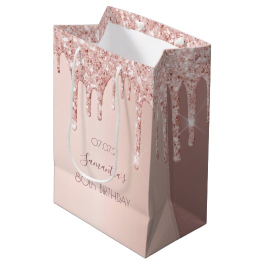Sac Cadeau Moyen 80e anniversaire rose or parties scintillant nom g (Devant Angle)