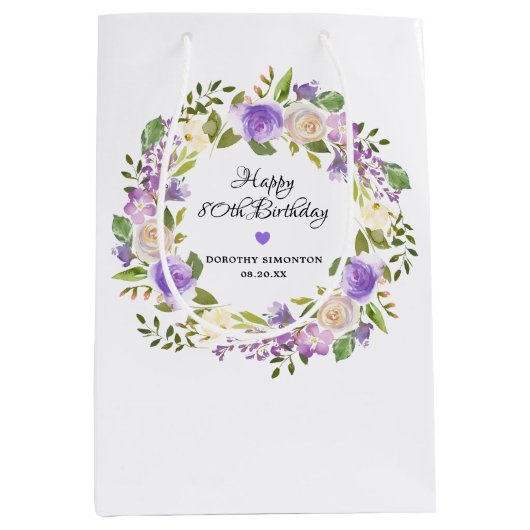 Sac Cadeau Moyen 80e anniversaire violet monogramme floral (Devant)