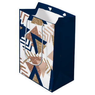 Sac Cadeau Moyen 80s Abstrait tendance Marine et Rose Motif d'or
