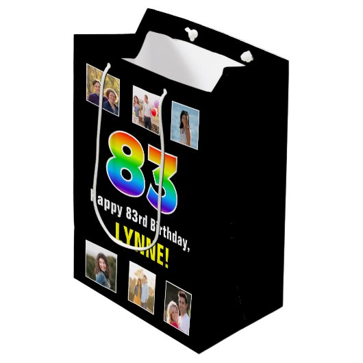 Sac Cadeau Moyen 83e anniversaire : Arc-en-ciel "83", photos person (Devant Angle)