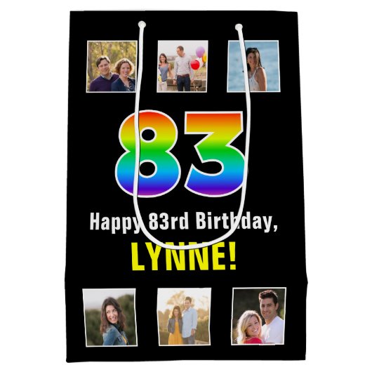 Sac Cadeau Moyen 83e anniversaire : Arc-en-ciel "83", photos person (Dos)