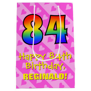 Sac Cadeau Moyen 84e anniversaire : Amusants Coeurs roses Stripes;
