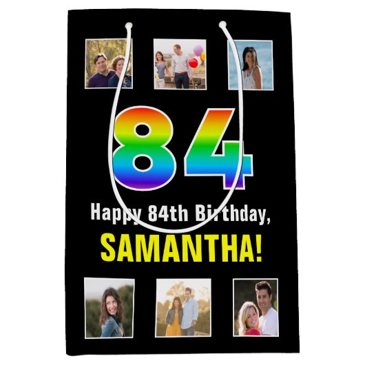 Sac Cadeau Moyen 84e anniversaire : Arc-en-ciel "84", photos person (Devant)