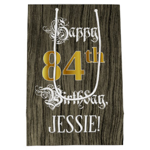 Sac Cadeau Moyen 84e anniversaire : Faux Gold Look & Faux Wood Moti