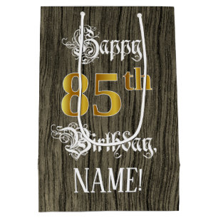 Sac Cadeau Moyen 85e anniversaire : Faux Gold Look & Faux Wood Moti