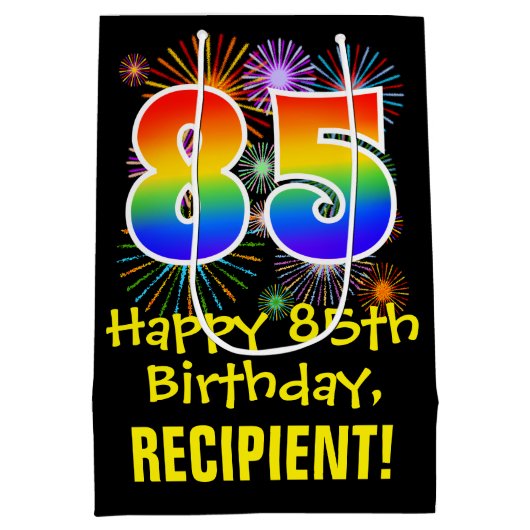 Sac Cadeau Moyen 85e anniversaire : Fun Motif Fireworks + Arc-en-ci (Dos)