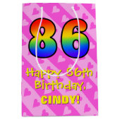 Sac Cadeau Moyen 86e anniversaire : Amusants Coeurs roses Stripes; (Devant)
