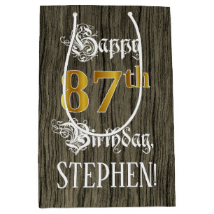 Sac Cadeau Moyen 87e anniversaire : Faux Gold Look & Faux Wood Moti