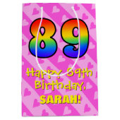 Sac Cadeau Moyen 89e anniversaire : Amusants Coeurs roses Stripes; (Devant)