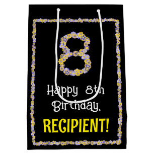 Sac Cadeau Moyen 8e anniversaire : Floral Flowers Numéro, Nom perso