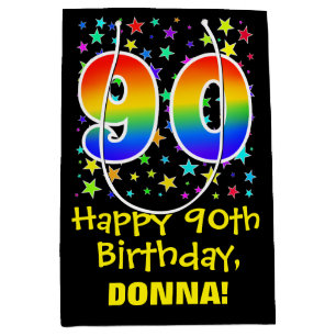 Sac Cadeau Moyen 90e anniversaire : Colorful Stars Motif & Rainbow 