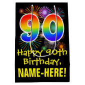 Sac Cadeau Moyen 90e anniversaire : Fun Motif Fireworks + Rainbow 9 (Dos)