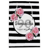Sac Cadeau Moyen 90e anniversaire rose roses noir blanc rayures (Devant)