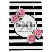 Sac Cadeau Moyen 90e anniversaire rose roses noir blanc rayures (Dos)