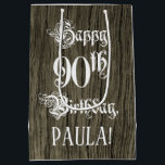 Sac Cadeau Moyen 90th Birthday : Fancy, Faux Wood Look   Custom Nam<br><div class="desc">This élégant and luxurious birthday themed giftbag design features the message "Happy 90th Birthday, " in opulent script text, on a faux wood look inspired pattern background. C'est comme des vacances d'emploi. A birthday themed gift bag like this might be a respectable way to wrap a gift or present being...</div>