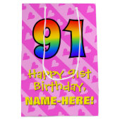 Sac Cadeau Moyen 91e anniversaire : Amusants Coeurs roses Stripes; (Dos)