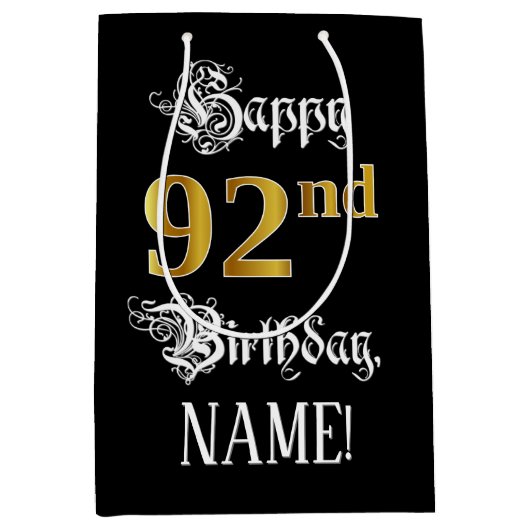 Sac Cadeau Moyen 92e anniversaire ~ Script fantaisie; Faux Gold Loo (Devant)