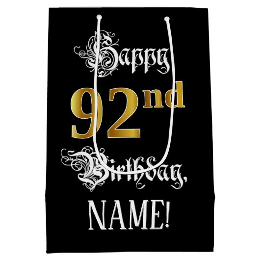 Sac Cadeau Moyen 92e anniversaire ~ Script fantaisie; Faux Gold Loo (Dos)