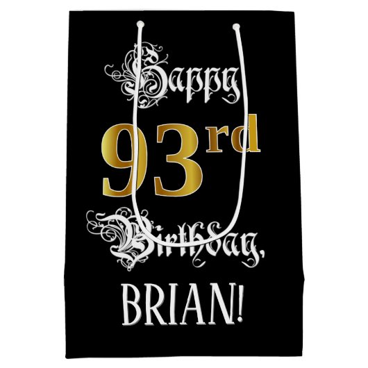 Sac Cadeau Moyen 93e anniversaire ~ Script fantaisie; Faux Gold Loo (Dos)