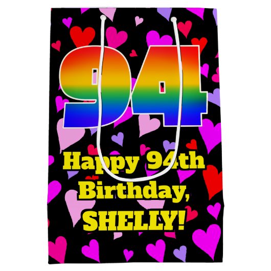 Sac Cadeau Moyen 94e anniversaire : Amour Hearts Motif, Arc en ciel (Dos)