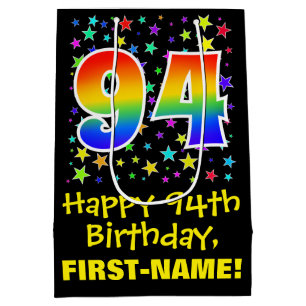 Sac Cadeau Moyen 94e anniversaire : Colorful Stars Motif & Rainbow 