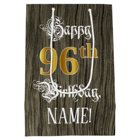 Sac Cadeau Moyen 96e anniversaire : Faux Gold Look & Faux Wood Moti (Dos)