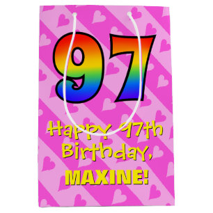 Sac Cadeau Moyen 97e anniversaire : Amusants Coeurs roses Stripes;