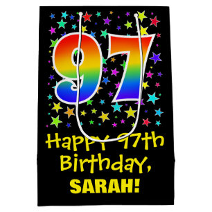 Sac Cadeau Moyen 97e anniversaire : Colorful Stars Motif & Rainbow 