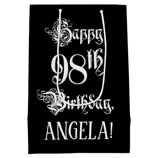 Sac Cadeau Moyen 98e anniversaire : fantaisie, élégant script + Nom (Dos)