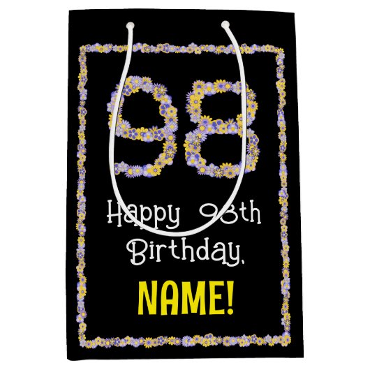 Sac Cadeau Moyen 98e anniversaire : Floral Flowers Numéro, Nom pers (Devant)