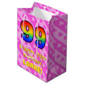Sac Cadeau Moyen 99e anniversaire : Fun Pink Hearts Stripes; Rainbo (Devant Angle)