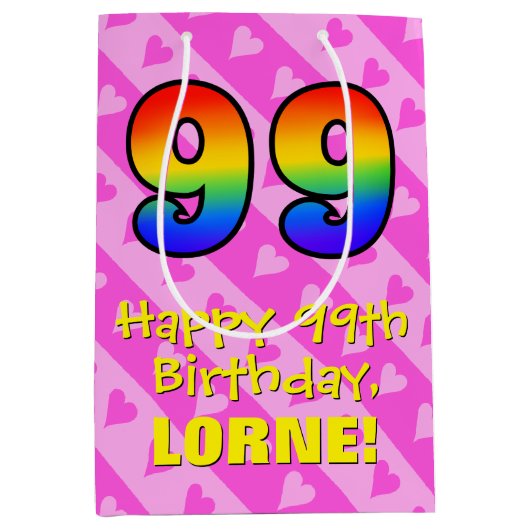 Sac Cadeau Moyen 99e anniversaire : Fun Pink Hearts Stripes; Rainbo (Devant)