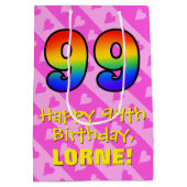 Sac Cadeau Moyen 99e anniversaire : Fun Pink Hearts Stripes; Rainbo (Dos)