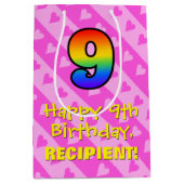 Sac Cadeau Moyen 9e anniversaire : Amusants Coeurs roses Stripes & (Devant)