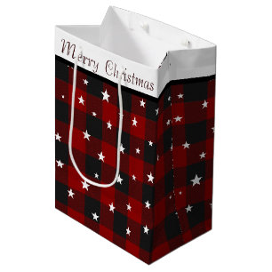 Sac cadeau moyen à carreaux rouges et noirs avec é