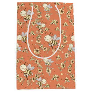 Sac Cadeau Moyen Abeille bourdon heureuse et fleurs fantaisistes