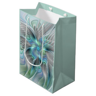 Sac Cadeau Moyen Abstrait Bleu Vert Papillon Imaginaire Fractal Art