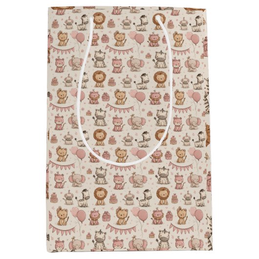 Sac Cadeau Moyen Adorable Animal Birthday, Pink & Beige (Devant)
