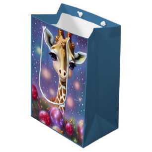 Sac Cadeau Moyen Adorable bébé Giraffe avec Holly et Parties scinti