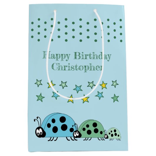 Sac Cadeau Moyen adorable ladybugs ajouter nom étoiles bleu (Devant)