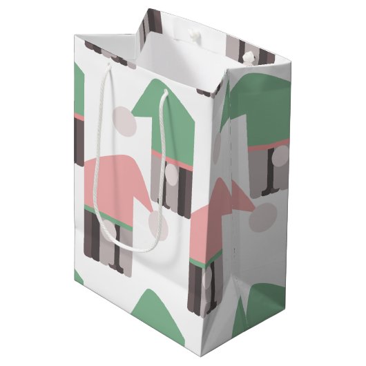 Sac Cadeau Moyen Adorable Noël Gnome Rose Vert Casquette (Devant Angle)