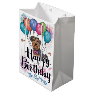 Sac Cadeau Moyen Airedale avec Ballons Anniversaire