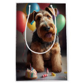 Sac Cadeau Moyen Airedale chien avec gâteau et ballons (Devant)