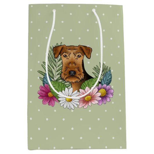 Sac Cadeau Moyen Airedale Terrier Fleurs colorées Vert (Devant)