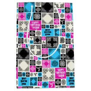 Sac Cadeau Moyen Ajouter Nom & Relation Anniversaire Magenta & Bleu